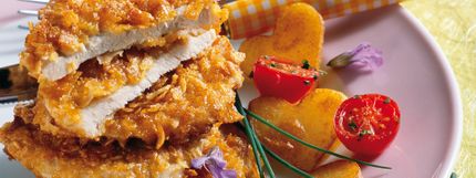 Angerichtes Gericht für das Rezept Knusper-Schnitzelchen mit Kartoffelherzen