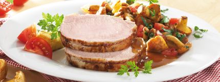 Angerichtes Gericht für das Rezept Rollbraten mit Pilzgemüse